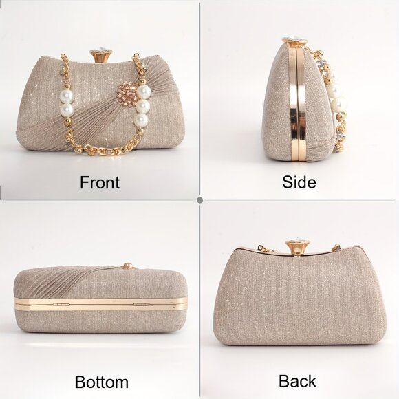 Champagne Pleated Badge Bag Shiny Rhinestone Pearl Bracelet Clutch Crossbody - Picture 6 of 7